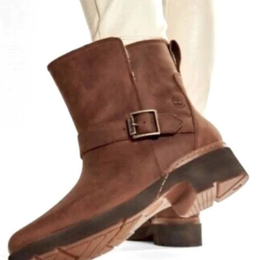 TIMBERLAND Graceyn Biker Wp Distressed Brown Leather Ankle Mid Boots with Buckle